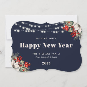 Blue Botanical String Lights New Year Card