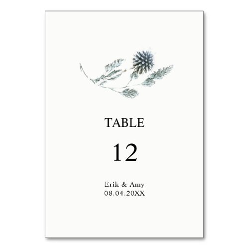 Blue Botanical Thistle Flower Wedding Table Number