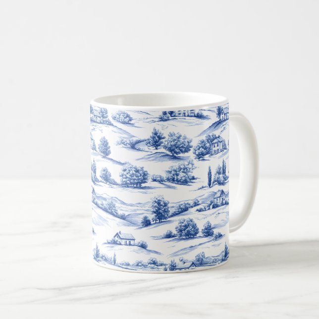 Blue Botanical Toile Pattern Coffee Mug (Front Right)