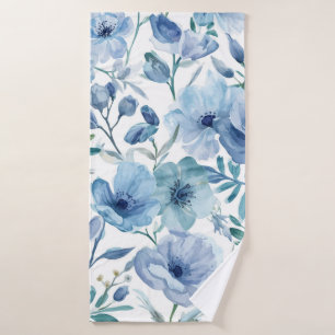 Blue Botanical Watercolor Floral Garden Bath Towel