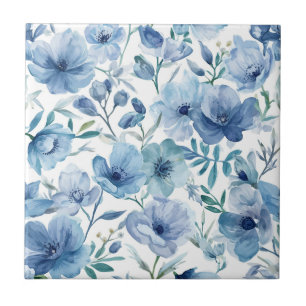Blue Botanical Watercolor Floral Garden Ceramic Tile