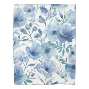 Blue Botanical Watercolor Floral Garden Duvet Cover