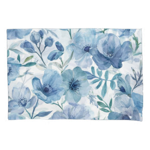 Blue Botanical Watercolor Floral Garden Pillow Case