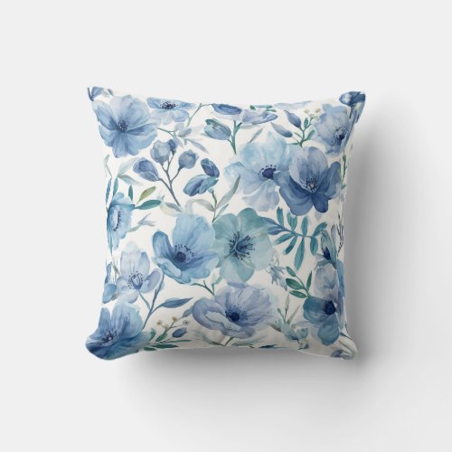 Blue Botanical Watercolor Floral Garden Throw Pillow