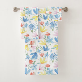 Blue Botanical Watercolor Floral Pattern Bath Towel Set