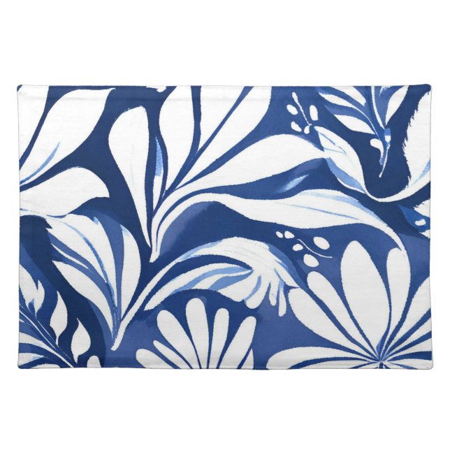 Blue Botanical Watercolor Floral Pattern Cloth Placemat (Front)