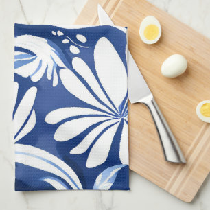 Blue Botanical Watercolor Floral Pattern Kitchen Towel
