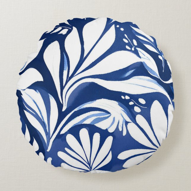 Blue Botanical Watercolor Floral Pattern Round Pillow (Front)