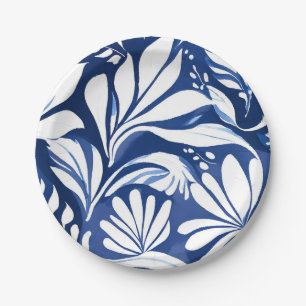 Blue Botanical Watercolor Floral White Pattern Paper Plates