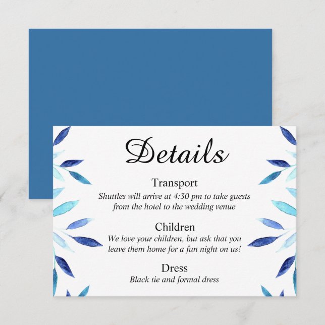 Blue Botanical Watercolor Wedding Details Card (Front/Back)