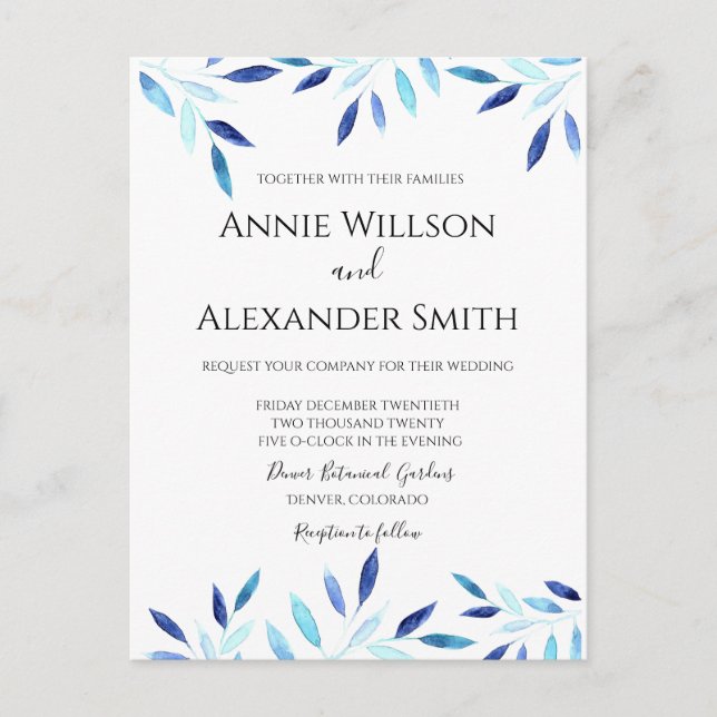 Blue Botanical Watercolor Winter Wedding Invite (Front)