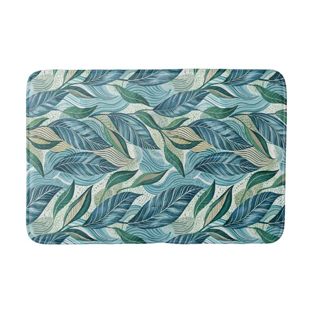 Blue Botanical Wave Modern Pattern Bath Mat (Front)
