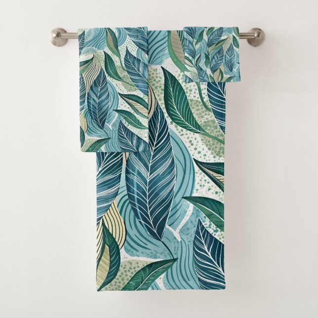 Blue Botanical Wave Modern Pattern Bath Towel Set (Insitu)