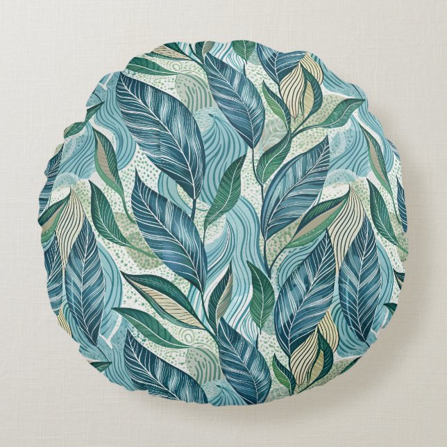 Blue Botanical Wave Modern Pattern Round Pillow (Front)
