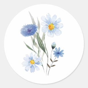Blue Botanical Wildflower Bouquet Watercolor Classic Round Sticker