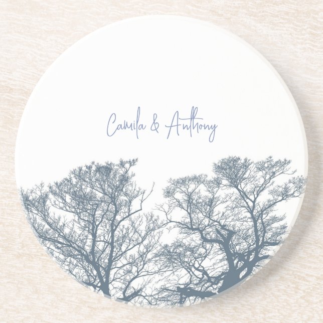 Blue Bottom Trees Tropical Boho Wedding Coaster (Front)