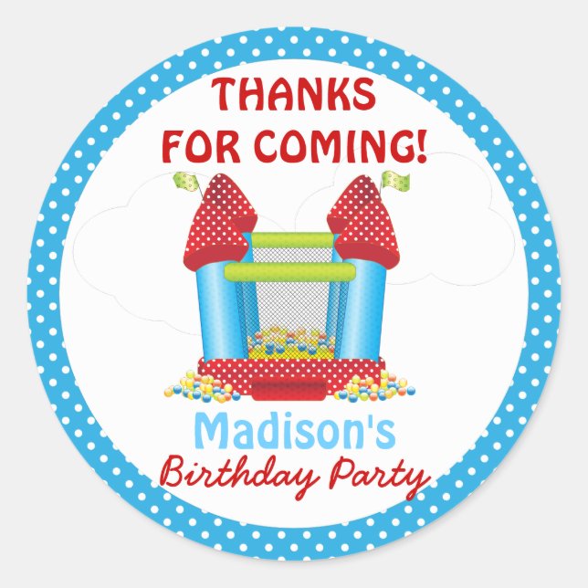 Blue Bouncy Bounce House Birthday Favor Sticker (Front)