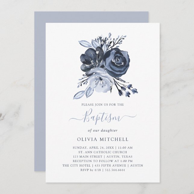 Blue Bouquet | Watercolor Floral Baptism Invitation (Front/Back)