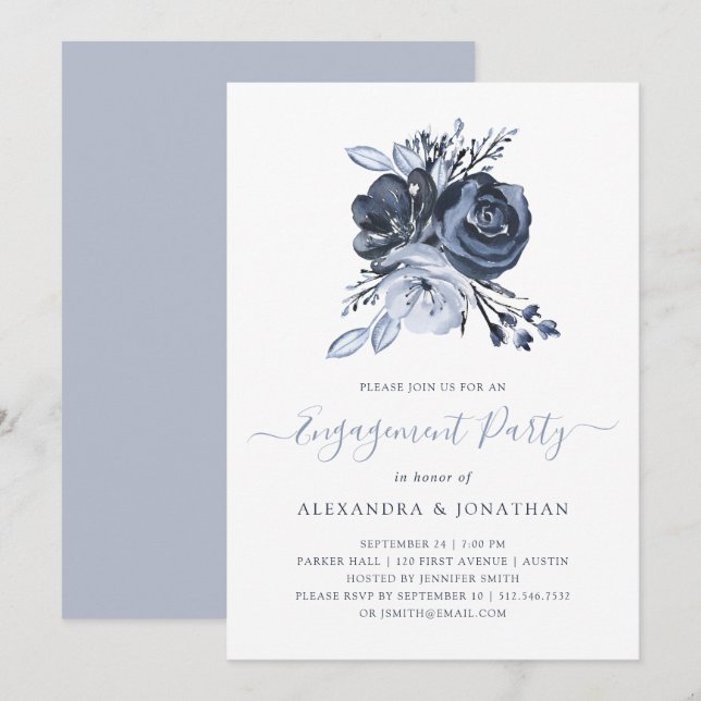 Blue Bouquet | Watercolor Floral Engagement Party Invitation (Front/Back)