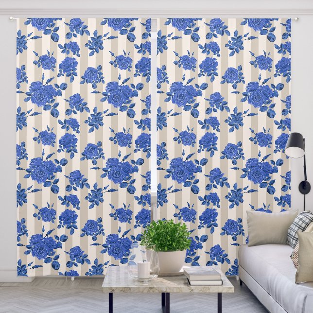 Blue bouquets of roses on a striped background  blackout curtains (Living Room)