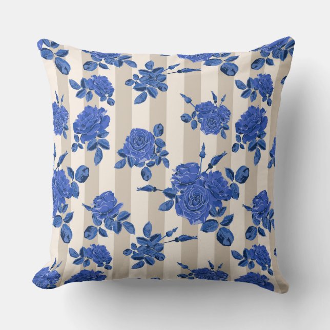 Blue bouquets of roses on a striped background  throw pillow (Front)