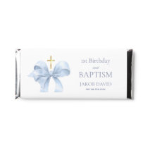 Blue Bow 1st Birthday and Baptism Invitation Hershey Bar Favors