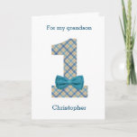 Blue Bow 1st Birthday Card<br><div class="desc">A 1st birthday card featuring the number one in a blue plaid design wearing a blue bow. You will be able to easily personalize the front with the recipient and the birthday boy's name. Inside reads a sweet birthday message, which you can also personalize. The back has the same number...</div>