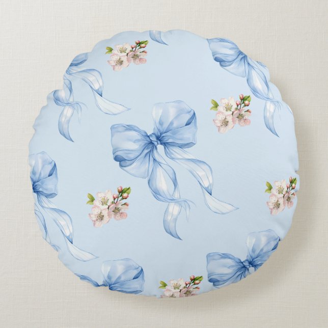 Blue bow and cherry blossom round pillow (Front)