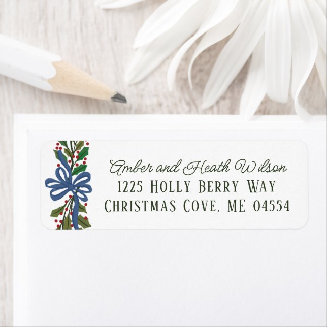 Blue Bow and Holly Garland Holiday Return Address Label (Insitu)