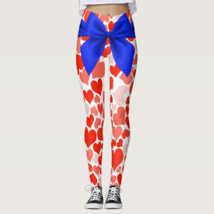 Blue Bow and Red Pink Hearts  Leggings