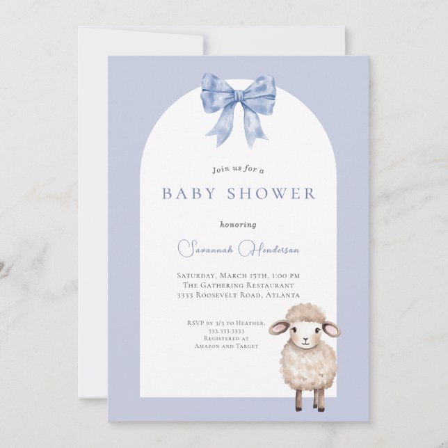 Blue Bow Animal Lamb Baby Shower Invitation (Front)