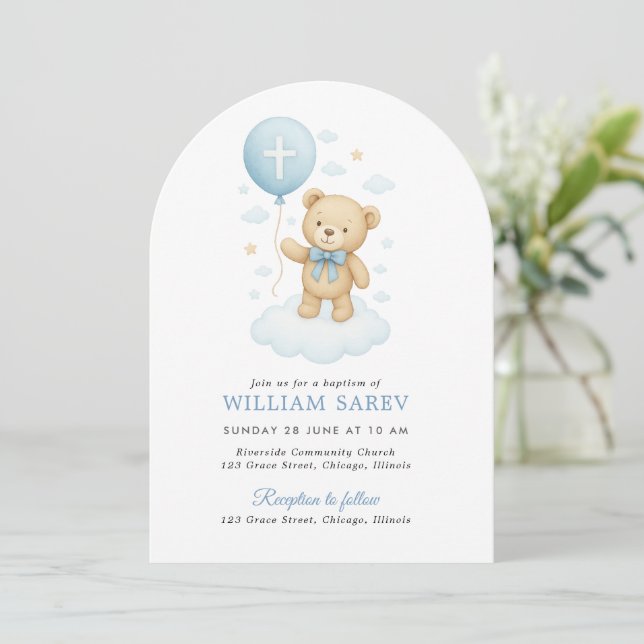 Blue Bow Arch Baptism Invitation for Baby Boy (Standing Front)