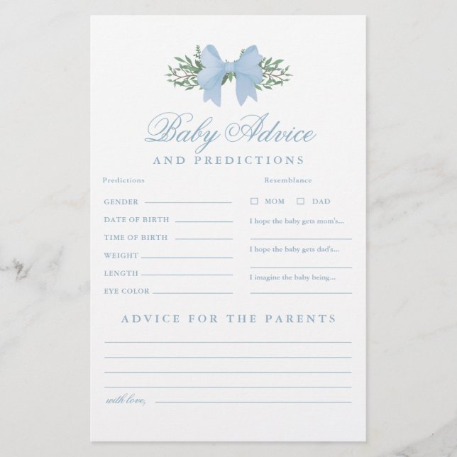Blue Bow Baby Advice and Predictions Shower Game (Front)