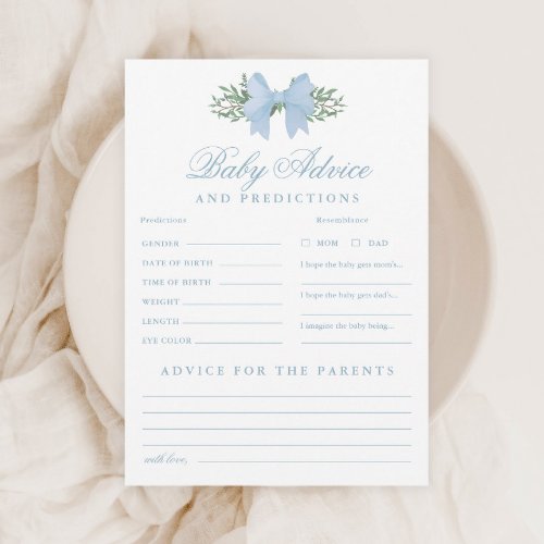 Blue Bow Baby Advice and Predictions Shower Game Invitation