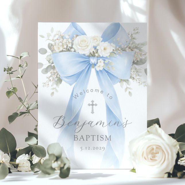 Blue Bow Baby Boy Baptism Elegant Welcome Poster (Creator Uploaded)