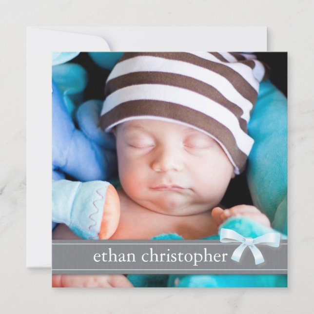 Blue Bow Baby Boy Photo Birth Announcement (Front)