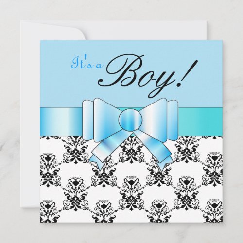 Blue Bow Baby Boy Shower Black and White Damask Personalized Invitation