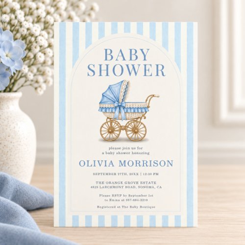 Baby Carriage Blue Bow baby shower invitation