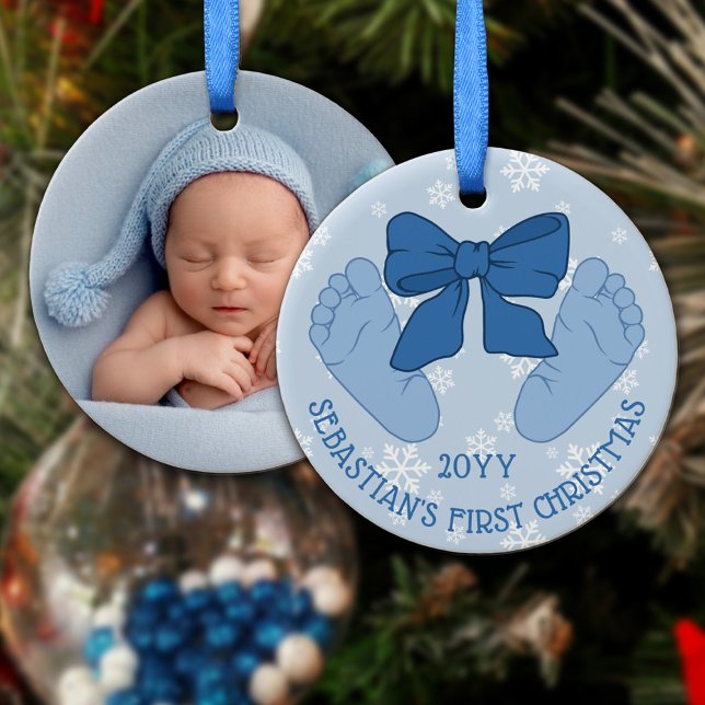 Blue Bow Baby Feet Photo Son's First Christmas Ceramic Ornament (Creator Uploaded)