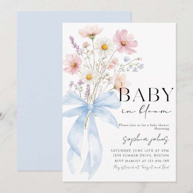 Blue Bow Baby in Bloom Boy Baby Shower Invitation (Front/Back)
