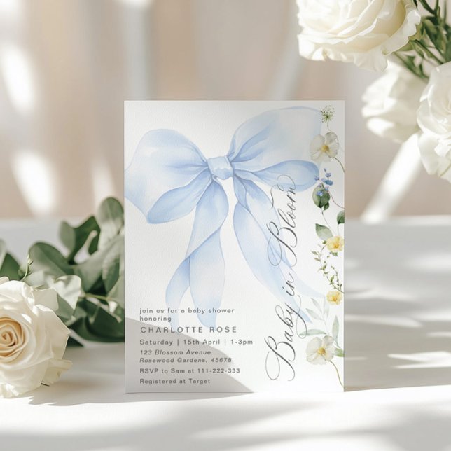 Blue Bow Baby in Bloom floral Baby boy shower Invitation (Creator Uploaded)