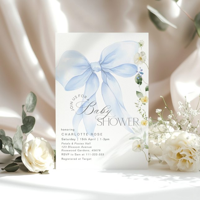 Blue Bow Baby in Bloom floral Baby boy shower Invitation (Creator Uploaded)