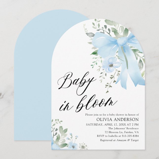 Blue Bow Baby in Bloom Floral Boy Arch Baby Shower Invitation (Front/Back)
