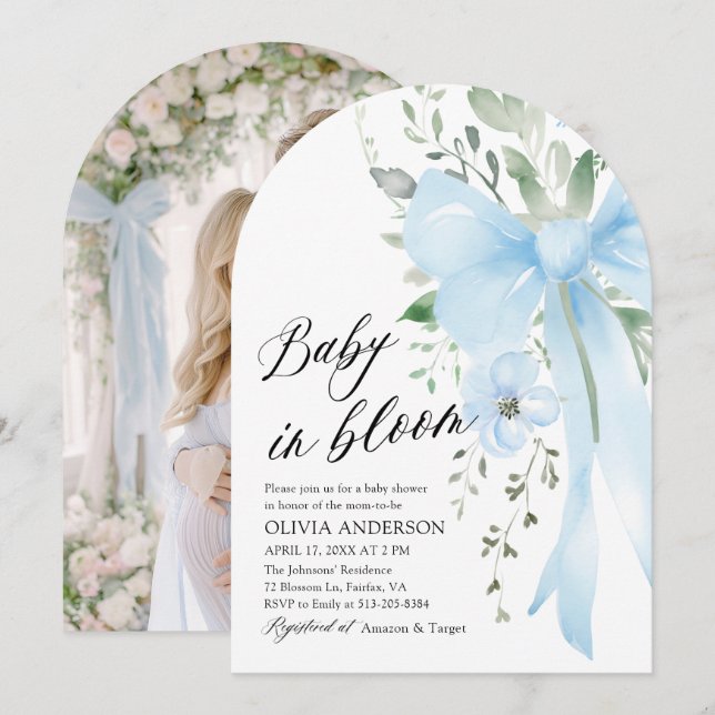 Blue Bow Baby in Bloom Floral Boy Arch Baby Shower Invitation (Front/Back)