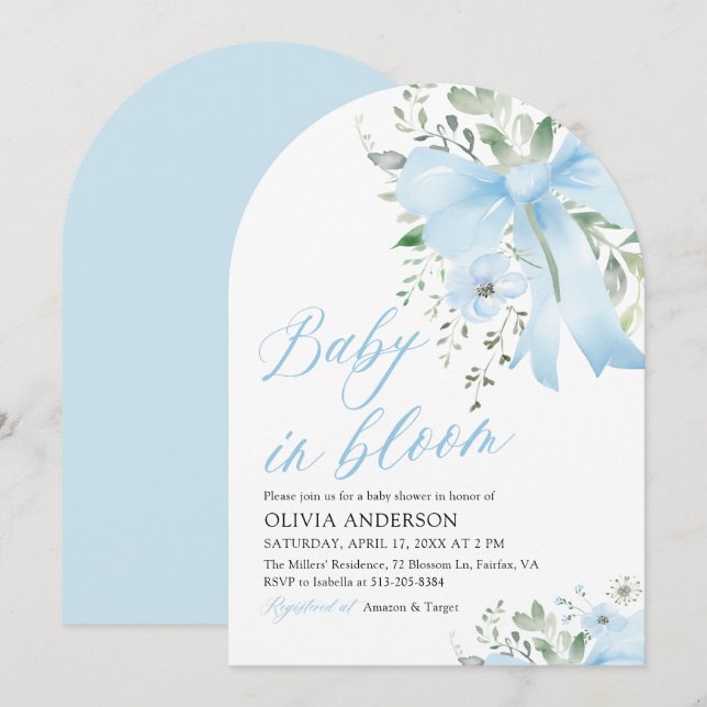 Blue Bow Baby in Bloom Floral Boy Arch Baby Shower Invitation (Front/Back)