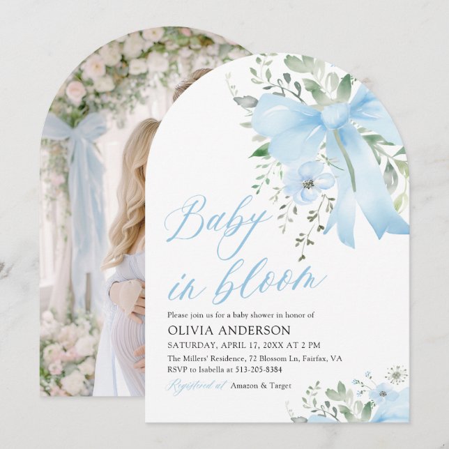 Blue Bow Baby in Bloom Floral Boy Arch Baby Shower Invitation (Front/Back)