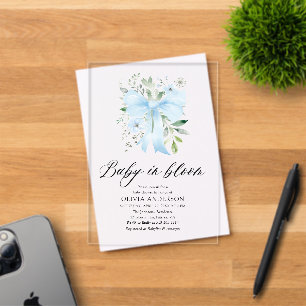 Blue Bow Baby in Bloom Floral Boy Baby Shower Acrylic Invitations