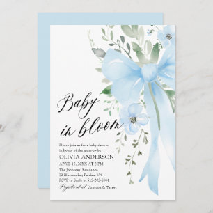 Blue Bow Baby in Bloom Floral Boy Baby Shower Invitation