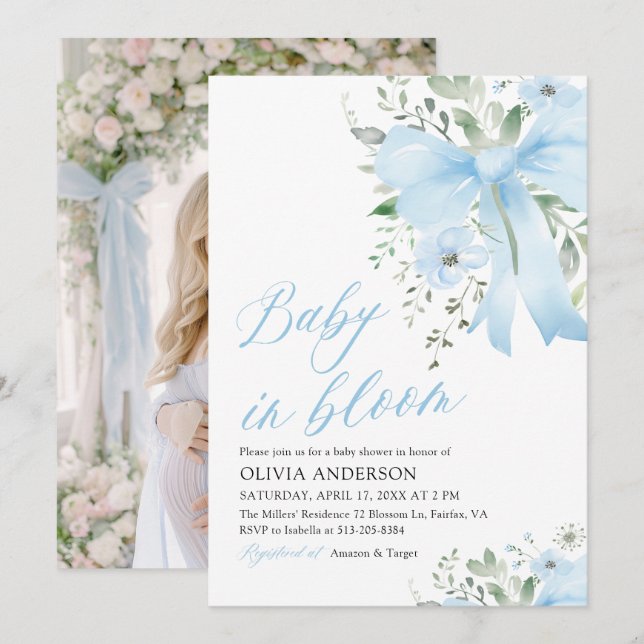 Blue Bow Baby in Bloom Floral Boy Baby Shower Invitation (Front/Back)