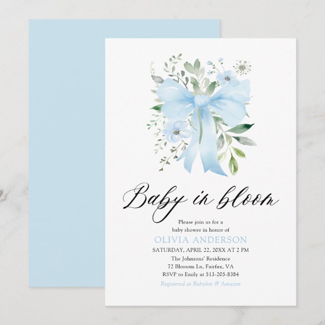 Blue Bow Baby in Bloom Floral Boy Baby Shower Invitation (Front/Back)